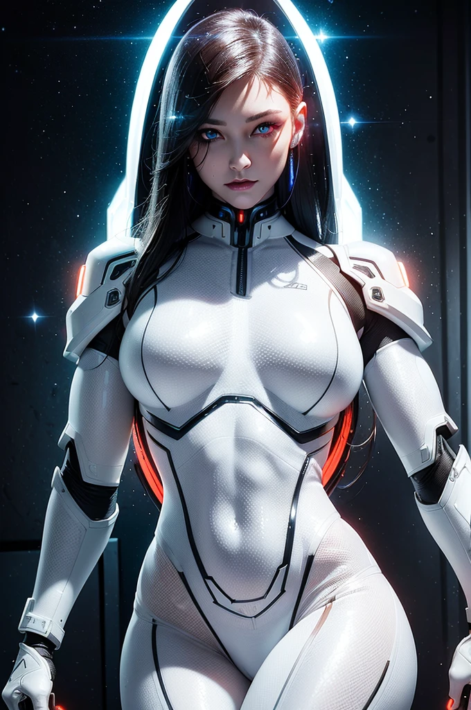cyborg realistic and intricate perfect beauty face, detailed sharp galaxy glowing eyes, detailed face, (((from face to the waist))), (((thin beauty shape))), ((in realistic neon-lit sci-fi white plugsuit metal mech parts)), masterpiece, 4k, UHD