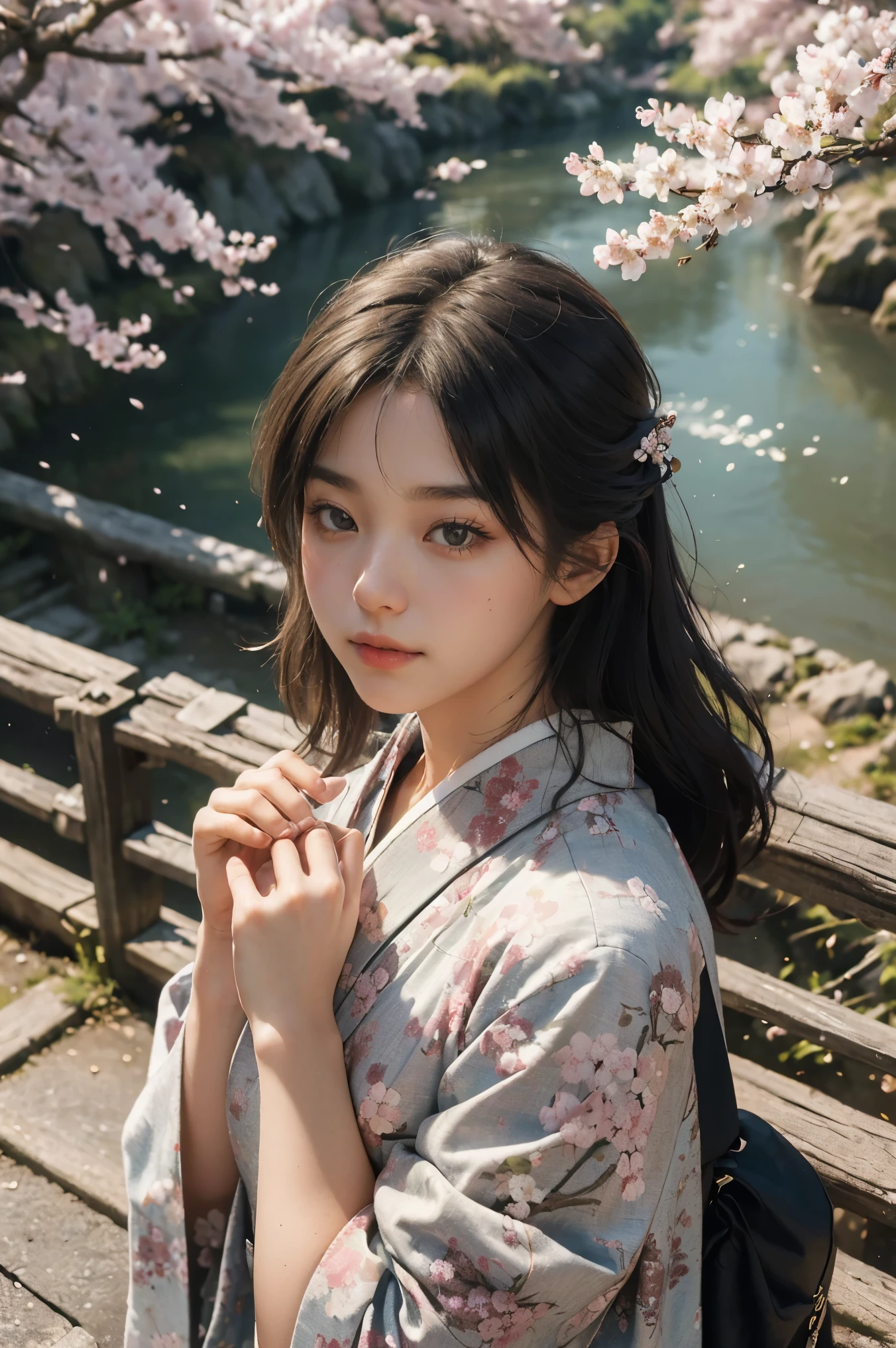 ((masterpiece, best quality, Best image quality, high resolution, realistic, RAW photos, 8 thousand)), Spring Morning, In a Japanese rural village, Students head to the train station along a road lined with cherry blossom trees.., (view from above:1.3), Korean beauty wearing kimono, perfect hands,