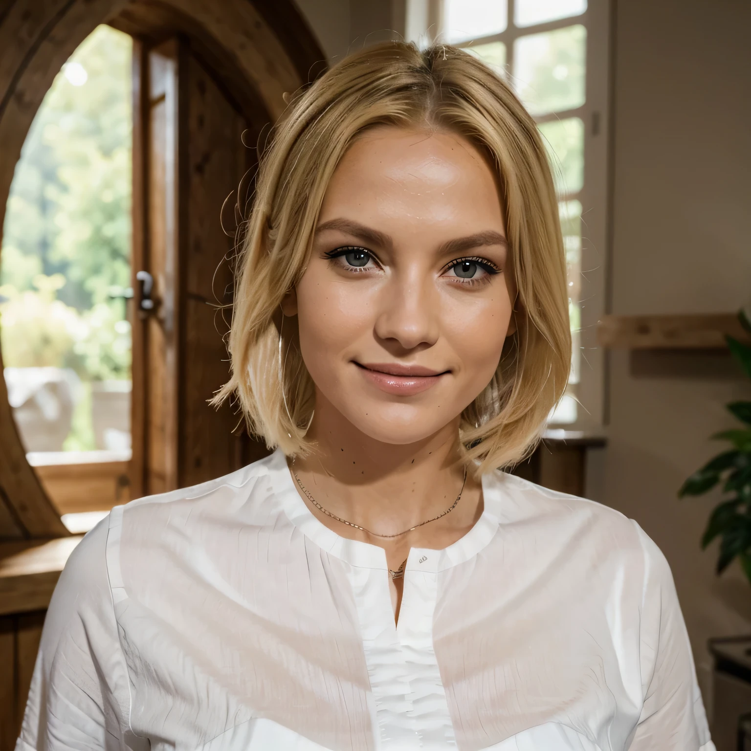 (((blond))), Beautiful woman, ((25 Jahre alt)), ((tanned)), Allein, Full body, Ohrringe, Wimpern, Strumpfhose, Menge,(White shirt), Blumenmuster, (rote Lippen), Sexy moody smile, (shiny skin:1.05),(blush:0.9),(Zahnung der Haut:1.15),realistisch, Meisterwerk, highest quality, (perfektes Gesicht:1.1), (Scharfer Fokus:1.1), kompliziert, Hohe Detailgenauigkeit, Scharfer Fokus, dramatisch,