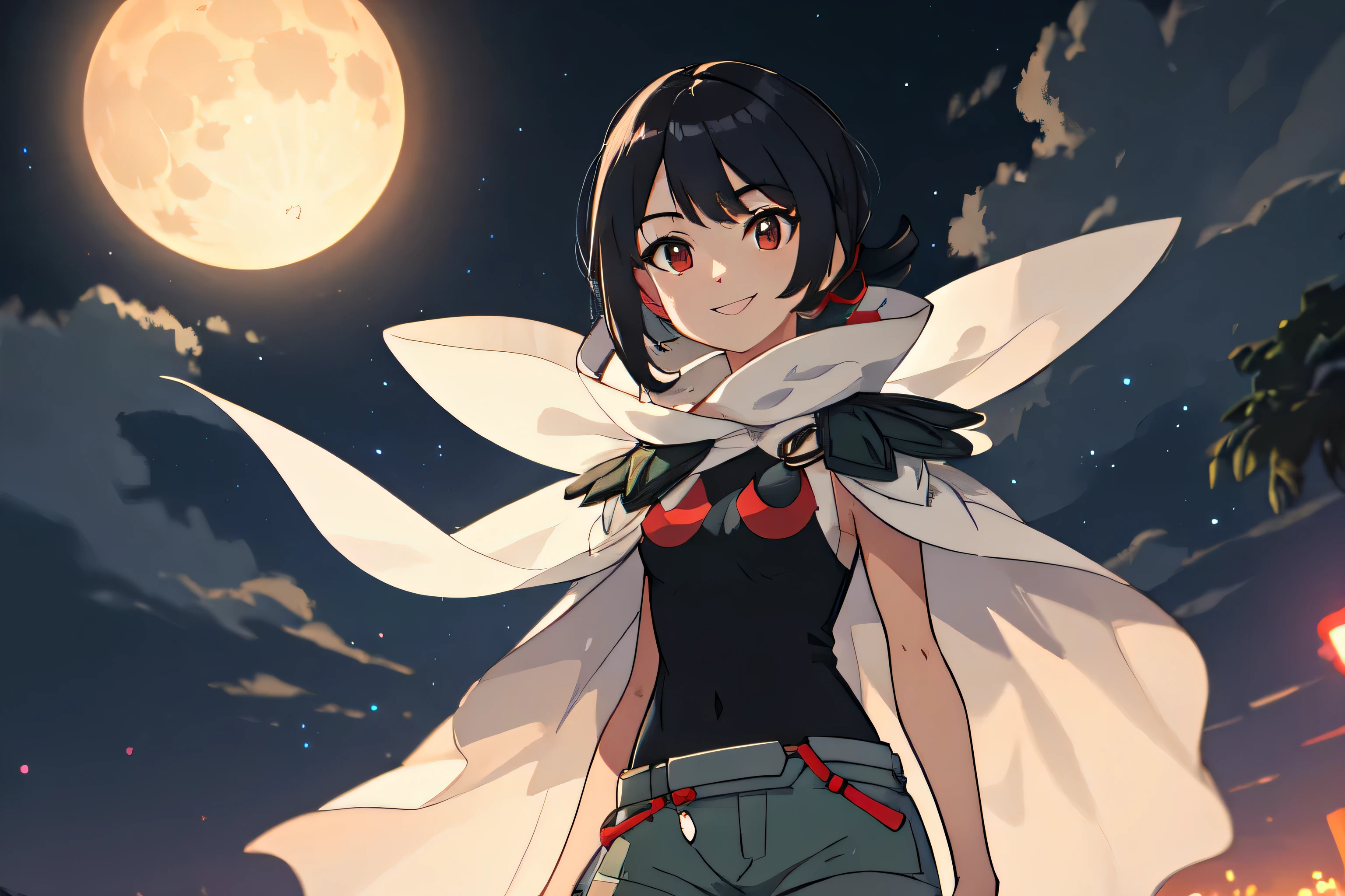 zinnia \(pokemon\) , red eyes, grey shorts, black shirt, sleeveless, cape, nightsky , guard rail ,moon,   best quality, (extremely detailed:1.4)  ,illustration, mysterious, vivid_color, shiny,, Dynamic actions , Lens perspective  , volumetric lighting , detailed eyes, hyper detailed ,  beautiful, small details, ultra detailed, intricate, 4k, 8k, good anatomy, beautiful lighting, smiling