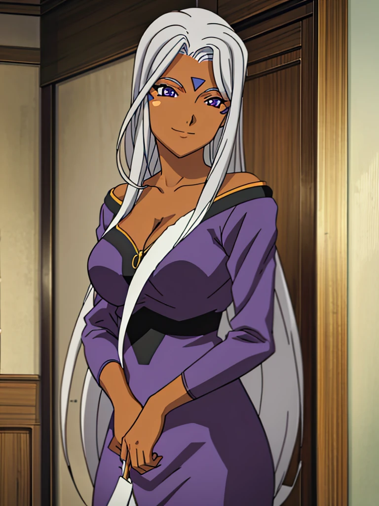 Urd, 1girl, solo, dark skin, purple color eyes, cleavage, smile, standing, perfect quality, good quality, masterpiece, HDR, UHD