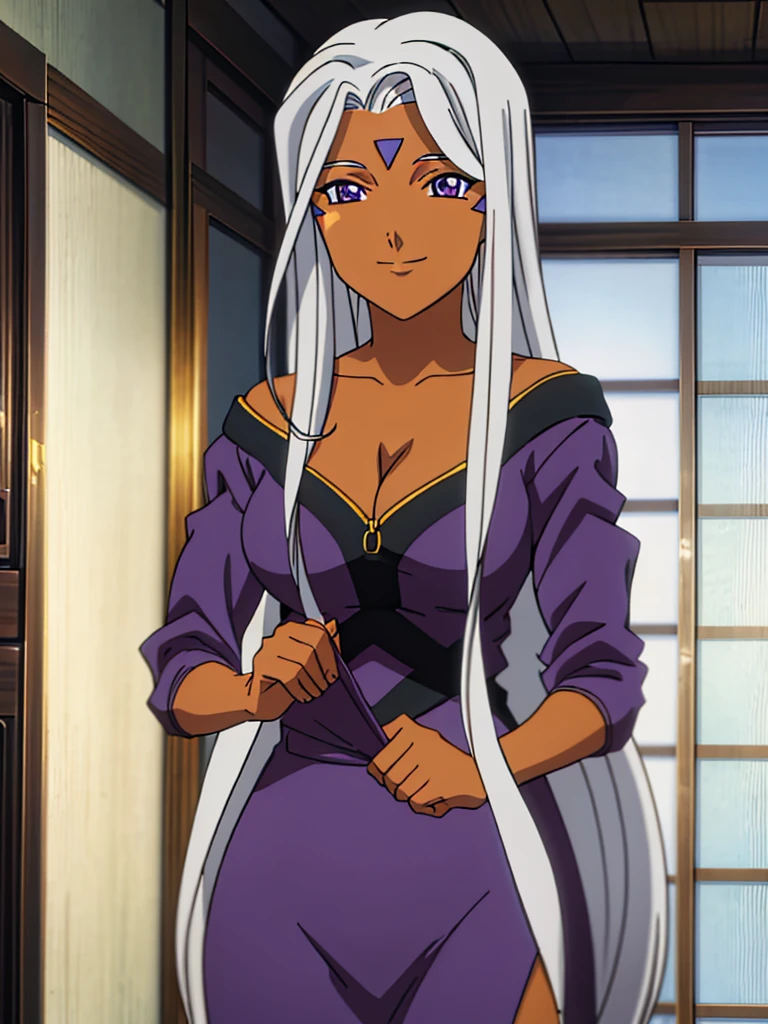 Urd, 1girl, solo, dark skin, purple color eyes, cleavage, smile, standing, perfect quality, good quality, masterpiece, HDR, UHD