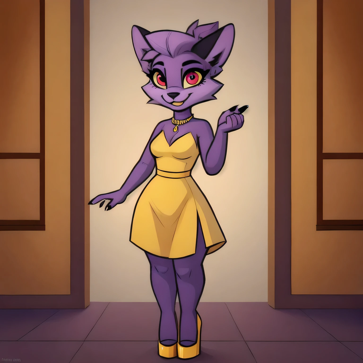 (high quality, high res, 4k:1.3), (by yurusa, by retros, by edtropolis:0.8)
 saturncat, solo, furry, female, full body dress, high heels, posing for the camera, fancy, mansion, looking at viewer, happy, jewlery, purple fur, black nails