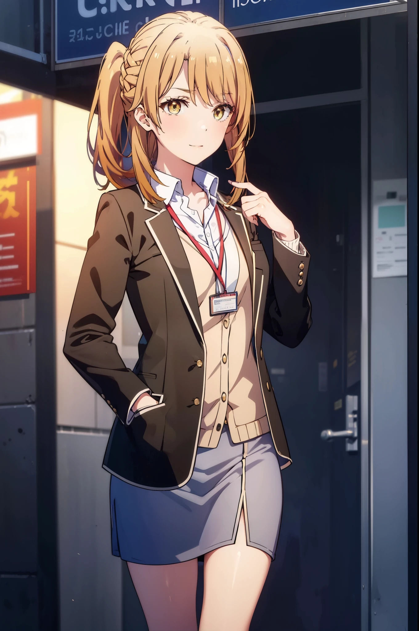 irohaisshiki, iroha isshiki, long hair, brown hair, (brown eyes:1.5), short braided hair,ponytail office lady, happy smile, smile, open your mouth,red glasses, end, black suit jacket, collared jacket, white dress shirt, collared shirt, neckline, button, strap, ID card on neck, black pencil skirt, black pantyhose,stiletto heels,morning,morning日,the sun is rising,So that the whole body goes into the illustration,
break outdoors, In town,building street,
break looking at viewer, (cowboy shot:1.5),
break (masterpiece:1.2), highest quality, High resolution, unity 8k wallpaper, (figure:0.8), (detailed and beautiful eyes:1.6), highly detailed face, perfect lighting, Very detailed CG, (perfect hands, perfect anatomy),