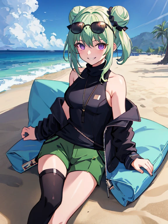 (ultra detailed), (best quality),1 girl, alone, medium hair, pastel green hair, twin buns, villain smile, violet eyes, round black sunglasses on head, beach, black turtleneck, without sleeves, without jacket green shorts, boots