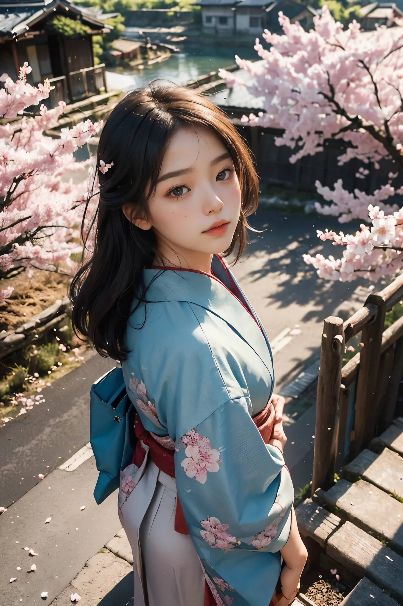 ((masterpiece, best quality, Best image quality, high resolution, realistic, RAW photos, 8 thousand)), Spring Morning, In a Japanese rural village, Students head to the train station along a road lined with cherry blossom trees.., (view from above:1.3), Korean beauty wearing kimono, perfect hands,