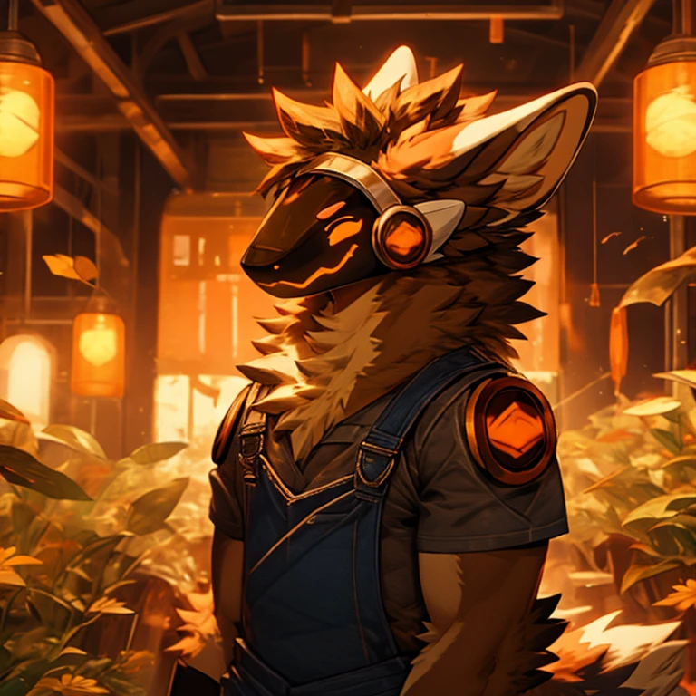 Protogen,brown fur,2pairs of ears,orange panels,overalls,male,lot of fluff