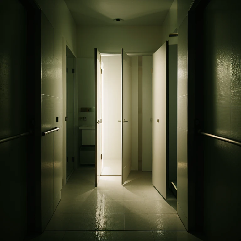 The camera pans slowly across the empty bathroom stalls, each one casting a shadow in the dim light.