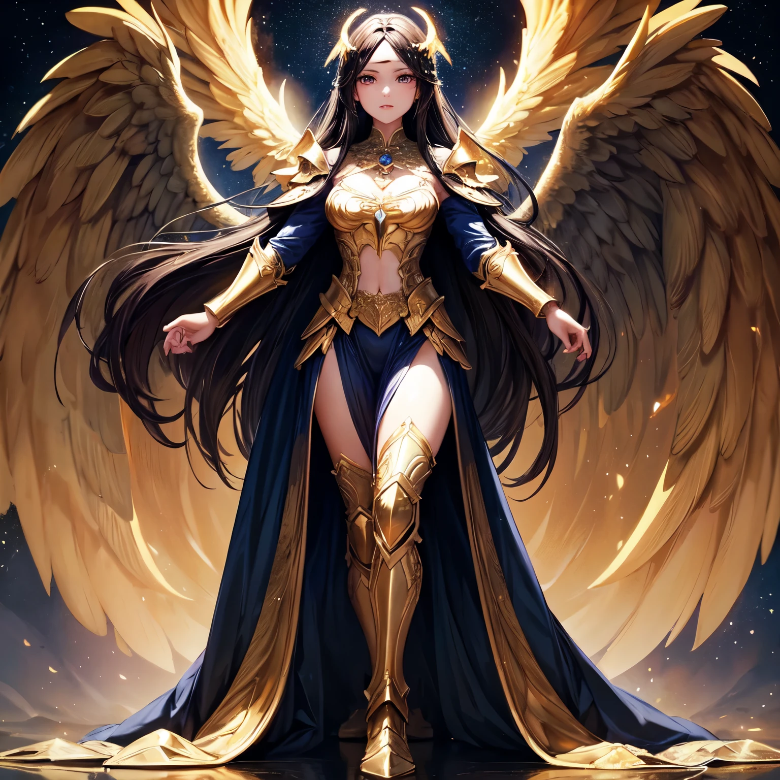 best quality, extremely beautiful, beautiful face, angel woman, four huges golden wing, revealing armor with open front skirt, very long dark hair
