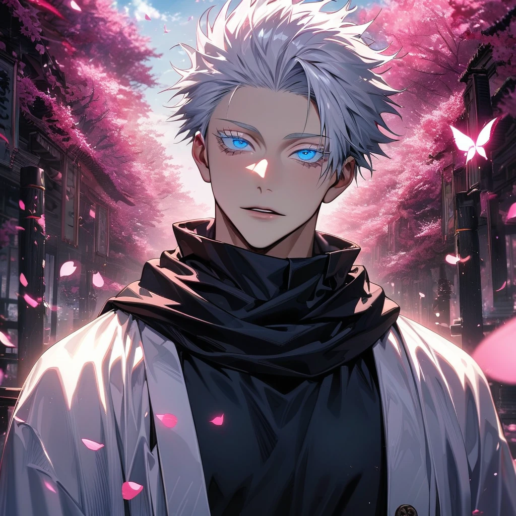 (absurdres, highres, ultra detailed, HDR), master piece, best quality, Gojo Satoru, vibrant blue eyes, white hair with bangs, white eyelashes, 1man, handsome, Jujutsu Kaisen, pink forest, pink flowers, pink butterflies, pink petals, white haori, black scarf, black tight T-shirt