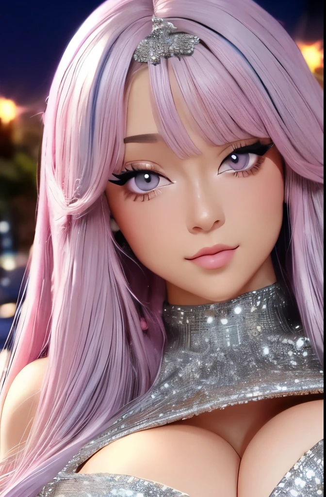 full body shot, realisticlying, Hyper realistic super detailed sexy detailed,  16K resolution, 4k resolution, (Ventre plat parfait), (image couleur),  blunt bangs,  sparkling, masterpiece, best quality, highly detailed BREAK, looking at viewer, masterpiece, best quality, highly detailed, desire, blush, (Beautiful and detailed pink eyes description), (beautiful and detailed face), Perfect female body, (Best Quality), (ultra-detailliert), (masuter piece), (hight resolution), (Original), (the Extremely Detailed CG Unity 8K Wallpapers), pink hair,  anime sparkles, solo, 1girl, extremely thick, mature, huge breasts,  extremely long hair, hairclip, soft pastel colors,massive breasts, breasts falling out of bikini, peace sign, anime sparkles, underboob, kawaii, super happy expression,one eye open, super excited, anime sparkles, sparkles, silver luxurious dress, on a night out, rich, silver cocktail dress, expensive