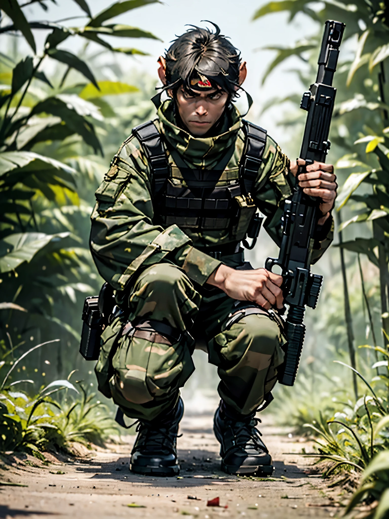 1boy, male focus, solo, solo focus, monkey human hybrid, mercenary, (holding weapon with right hand, assault rifle), crouching position, jungle backdrop, war zone