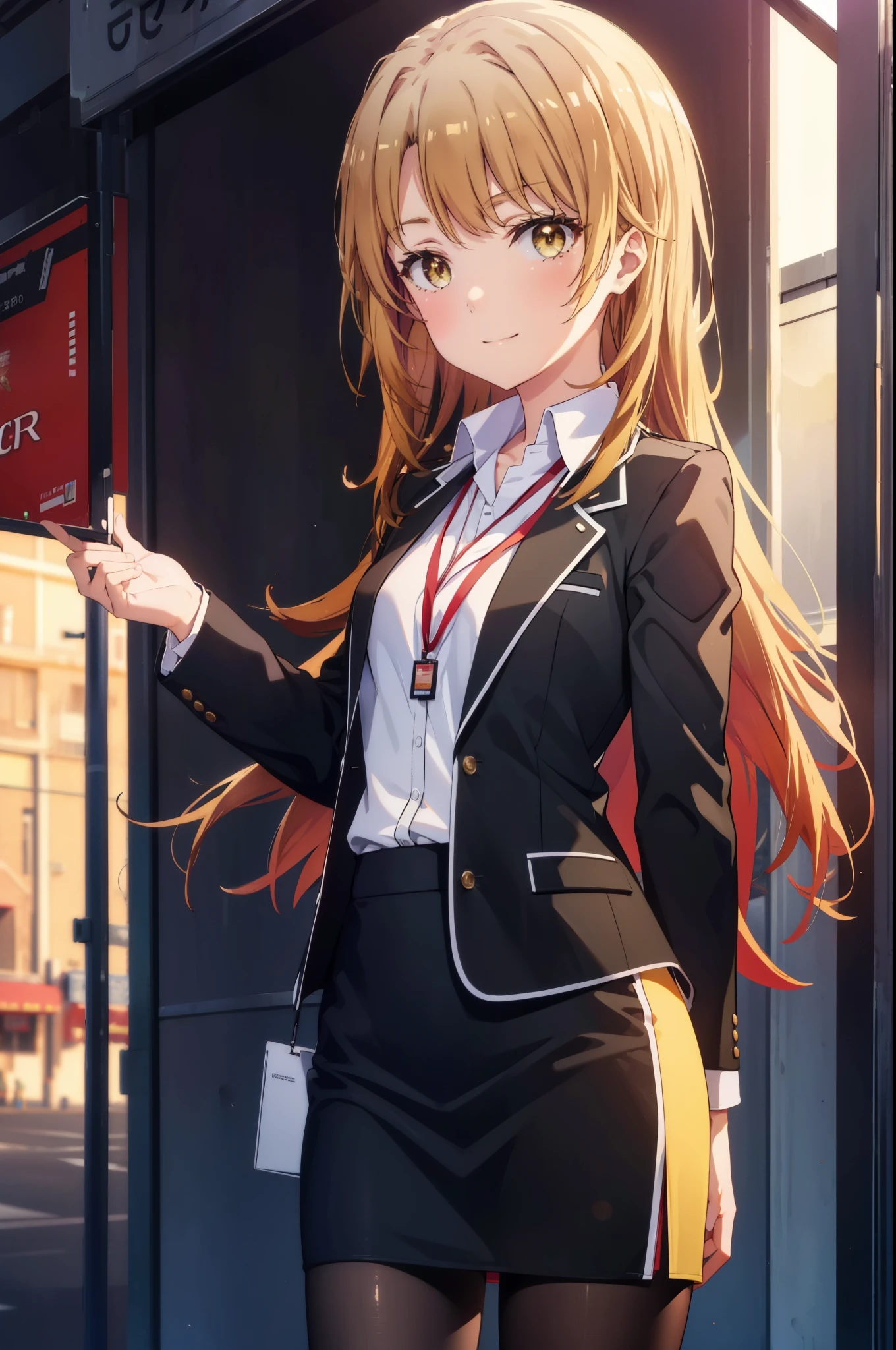 irohaisshiki, iroha isshiki, long hair, brown hair, (brown eyes:1.5), 
OL, happy smile, smile, open your mouth,red glasses, end, black suit jacket, collared jacket, white dress shirt, collared shirt, neckline, button, strap, ID card on neck, black pencil skirt, black pantyhose,stiletto heels,morning,morning日,the sun is rising,So that the whole body goes into the illustration,
break outdoors, In town,building street,
break looking at viewer, (cowboy shot:1.5),
break (masterpiece:1.2), highest quality, High resolution, unity 8k wallpaper, (figure:0.8), (detailed and beautiful eyes:1.6), highly detailed face, perfect lighting, Very detailed CG, (perfect hands, perfect anatomy),