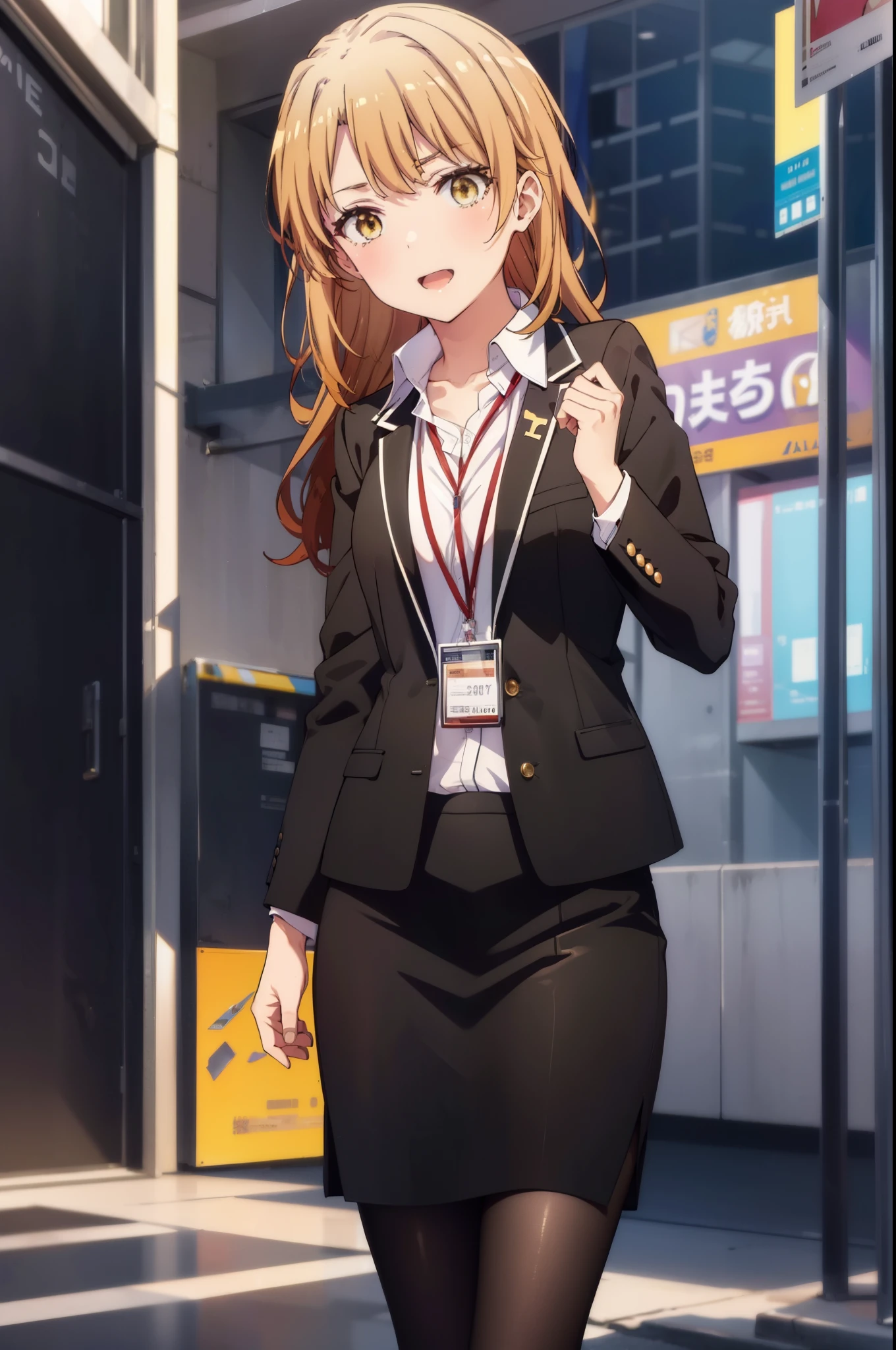 irohaisshiki, iroha isshiki, long hair, brown hair, (brown eyes:1.5), 
OL, happy smile, smile, open your mouth,red glasses, end, black suit jacket, collared jacket, white dress shirt, collared shirt, neckline, button, strap, ID card on neck, black pencil skirt, black pantyhose,stiletto heels,morning,morning日,the sun is rising,So that the whole body goes into the illustration,
break outdoors, In town,building street,
break looking at viewer, (cowboy shot:1.5),
break (masterpiece:1.2), highest quality, High resolution, unity 8k wallpaper, (figure:0.8), (detailed and beautiful eyes:1.6), highly detailed face, perfect lighting, Very detailed CG, (perfect hands, perfect anatomy),