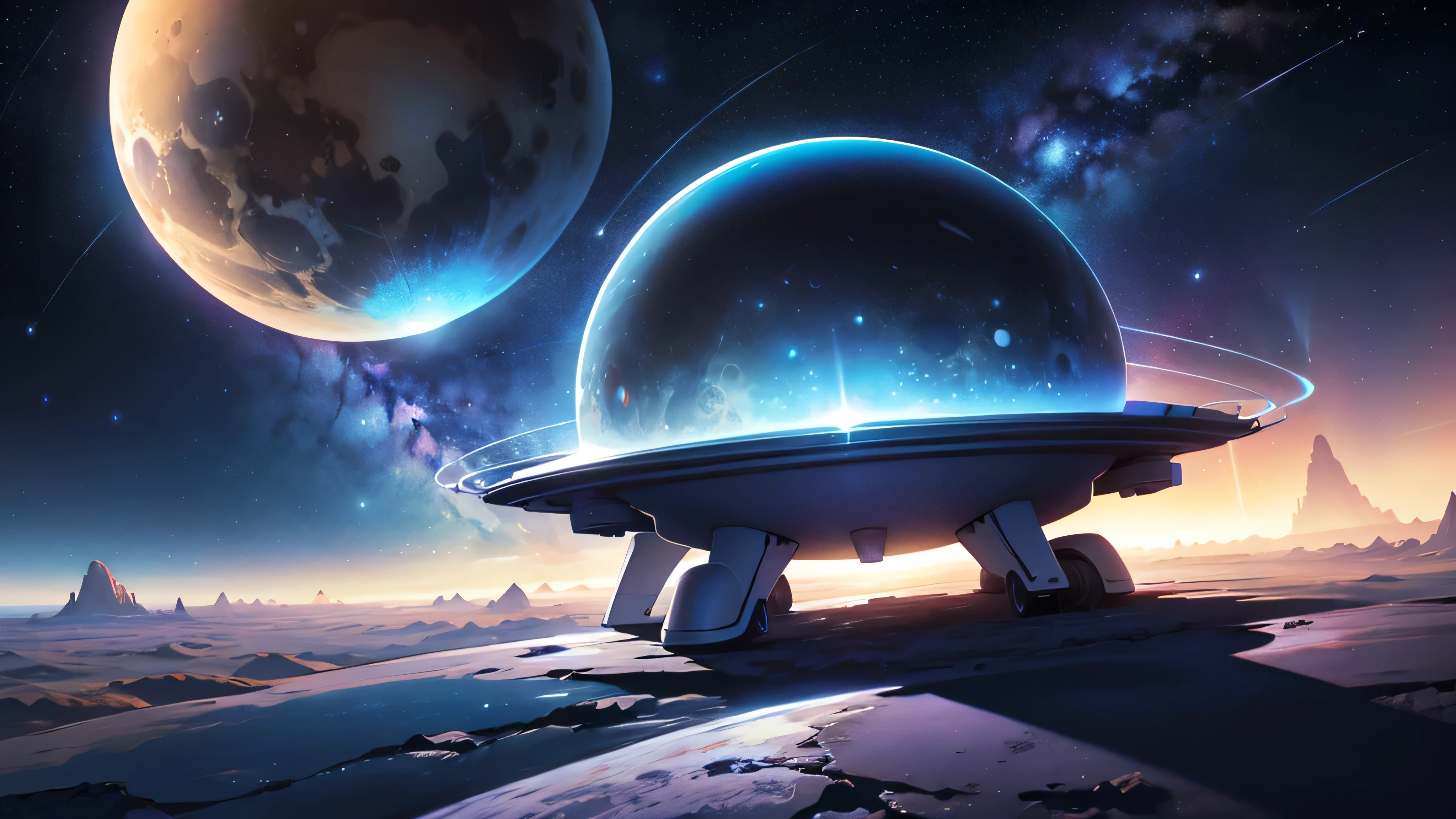 starry space, tonalidade azul, um planeta com anel, saturno, hd, 4k, rico em detalhes, um disco voador, ufo, nave espacial
