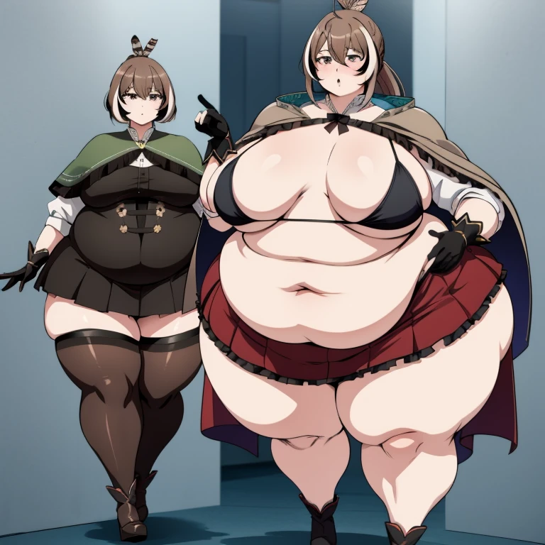 1girl, top heavy figure, (((incredibly big chest))), ((saggy chest)), plump, incredibly plump, ((big belly)), (((big tits))), pout, embarassed, wide, (((obese))), (((fat))), ((love handles)), double chin, out of shape, obese, fatty, tall woman, big bossom, ((milf)), big height, mature, standing, full body, bbw, ssbbw,  nanashi mumei, brown hair, wide ponytail, miniskirt, knee highs, frilled skirt, feather hair ornament, gloves, brown eyes, brown bikini, pantyhose, high heels, brown cape