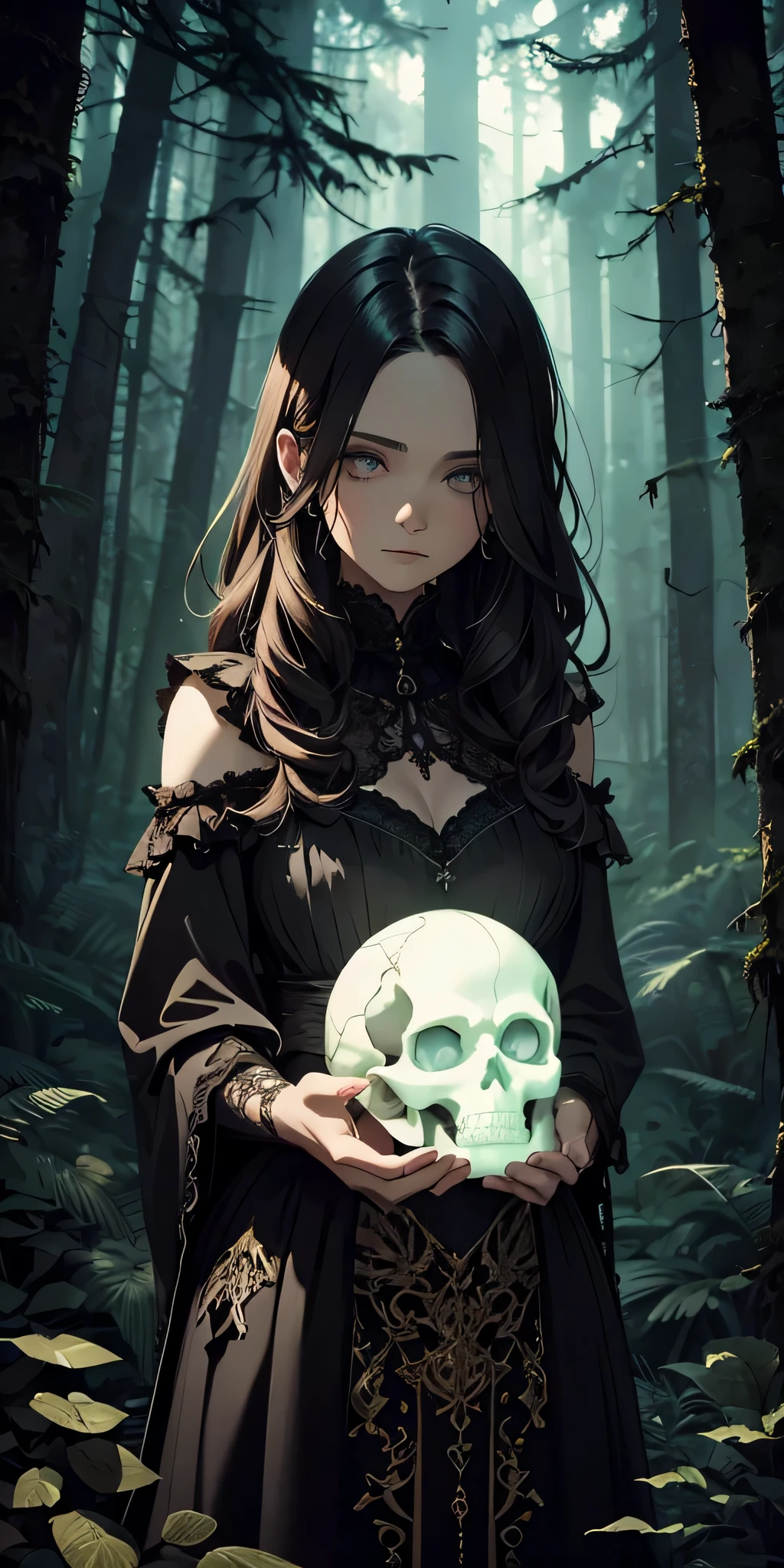 Image: A woman holding a skull in a forest with trees in the background and a creepy forest scene behind her - gothic art, hyper-realistic portrait, with intricate details and bright colors.
Descriptive keywords: Fantastical, fantasy, intricate detail, intricately detailed, melting, complex background, expertly executed.
Photographic style: Hyperrealism, oil on canvas, digital art, 8k resolution, HDR, photorealism.
Tone: Mysterious, eerie, gothic.
Object: Skull
Action: The woman is holding the skull with a contemplative expression, surrounded by a richly detailed forest landscape.