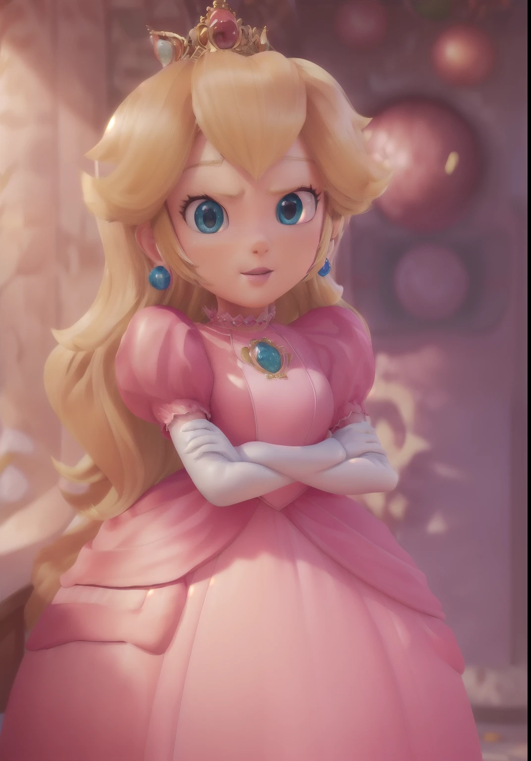3D,3D render, global illumination, subsurface scattering, pixar style, Princess_Peach (wearing pink gown),, 1girl, blonde hair, seductive expression, sexy eyes, shiny skin, simple background