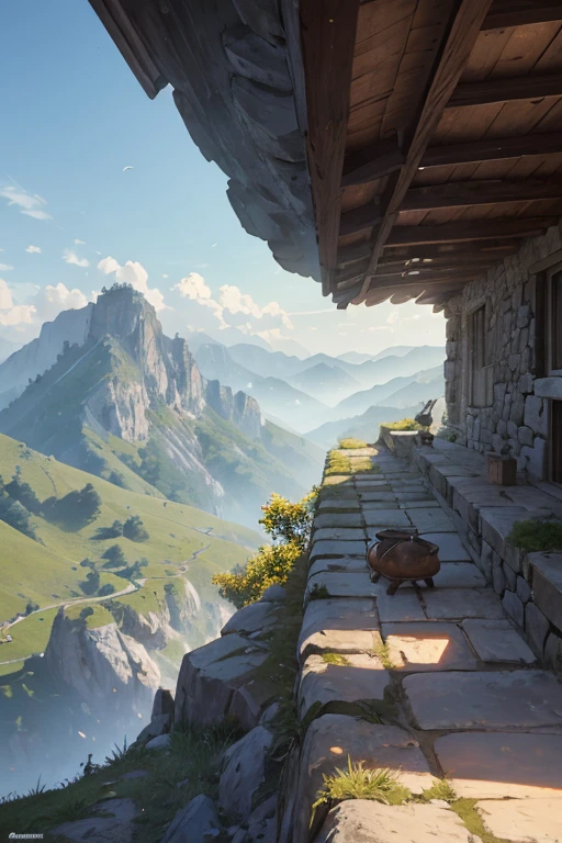 Slavic smithy up on the mountain, thatched roof, smithy on a rocky cliff, anvil outside of the smithy, forging tools