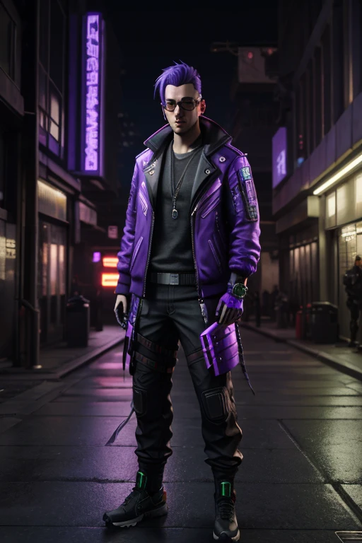 a hacker man, cyberpunk, outdoor, street, purple, hyperrealism, photorealistic, 8k, unreal engine, 3d render --ar 9:16 --niji 5 --style expressive --s 400
