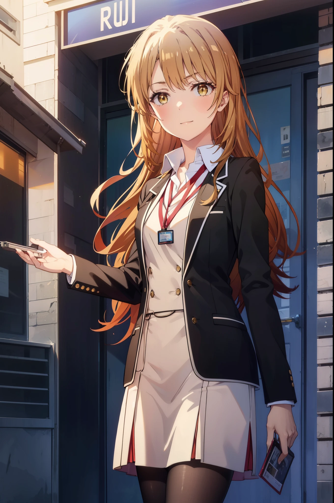 irohaisshiki, iroha isshiki, long hair, brown hair, (brown eyes:1.5), 
OL, happy smile, smile, open your mouth,red glasses, end, black suit jacket, collared jacket, white dress shirt, collared shirt, neckline, button, strap, ID card on neck, black pencil skirt, black pantyhose,stiletto heels,morning,morning日,the sun is rising,So that the whole body goes into the illustration,
break outdoors, In town,building street,
break looking at viewer, (cowboy shot:1.5),
break (masterpiece:1.2), highest quality, High resolution, unity 8k wallpaper, (figure:0.8), (detailed and beautiful eyes:1.6), highly detailed face, perfect lighting, Very detailed CG, (perfect hands, perfect anatomy),