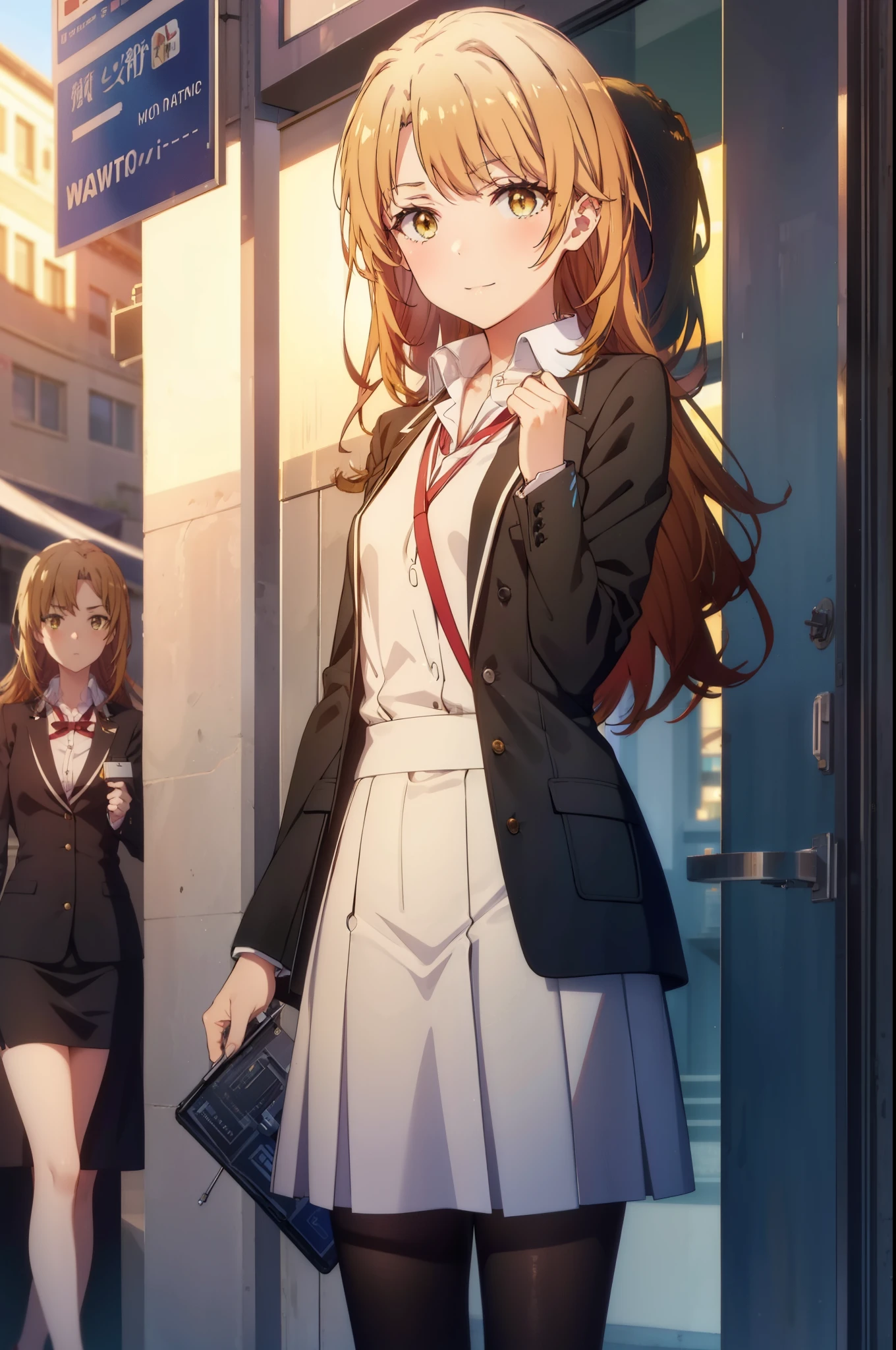 irohaisshiki, iroha isshiki, long hair, brown hair, (brown eyes:1.5), 
OL, happy smile, smile, open your mouth,red glasses, end, black suit jacket, collared jacket, white dress shirt, collared shirt, neckline, button, strap, ID card on neck, black pencil skirt, black pantyhose,stiletto heels,morning,morning日,the sun is rising,So that the whole body goes into the illustration,
break outdoors, In town,building street,
break looking at viewer, (cowboy shot:1.5),
break (masterpiece:1.2), highest quality, High resolution, unity 8k wallpaper, (figure:0.8), (detailed and beautiful eyes:1.6), highly detailed face, perfect lighting, Very detailed CG, (perfect hands, perfect anatomy),