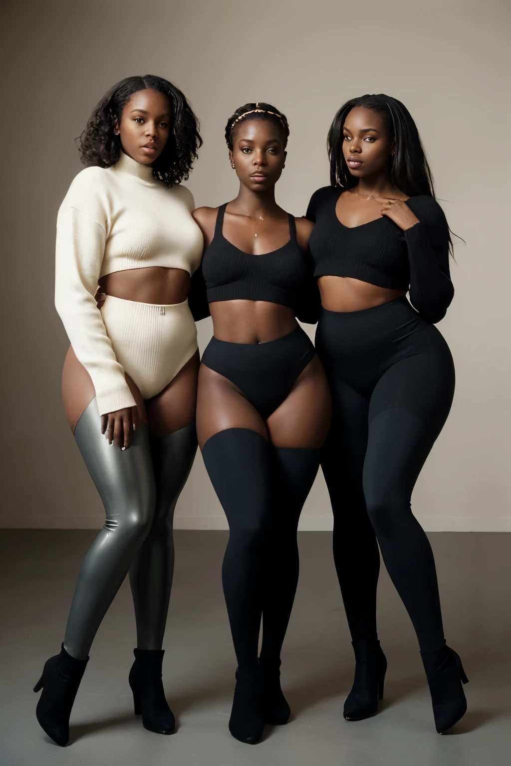 Photo session of an enchanting woman trio, all adorned in sweater leggings, showcasing immensely massive booties, each with a unique, radiant dark melanin complexion. Their wide rhombus trapezoidal hips add to their captivating silhouettes.

Captured on Kodak film, these stunning women exude confidence and allure, with no men present in the scene. The authentic, vintage aesthetic of the film complements their powerful energy and alluring charm.

The trio's sleek leggings hug their curvy figures, emphasizing their voluptuous shapes and toned physiques. Their skin glows under the