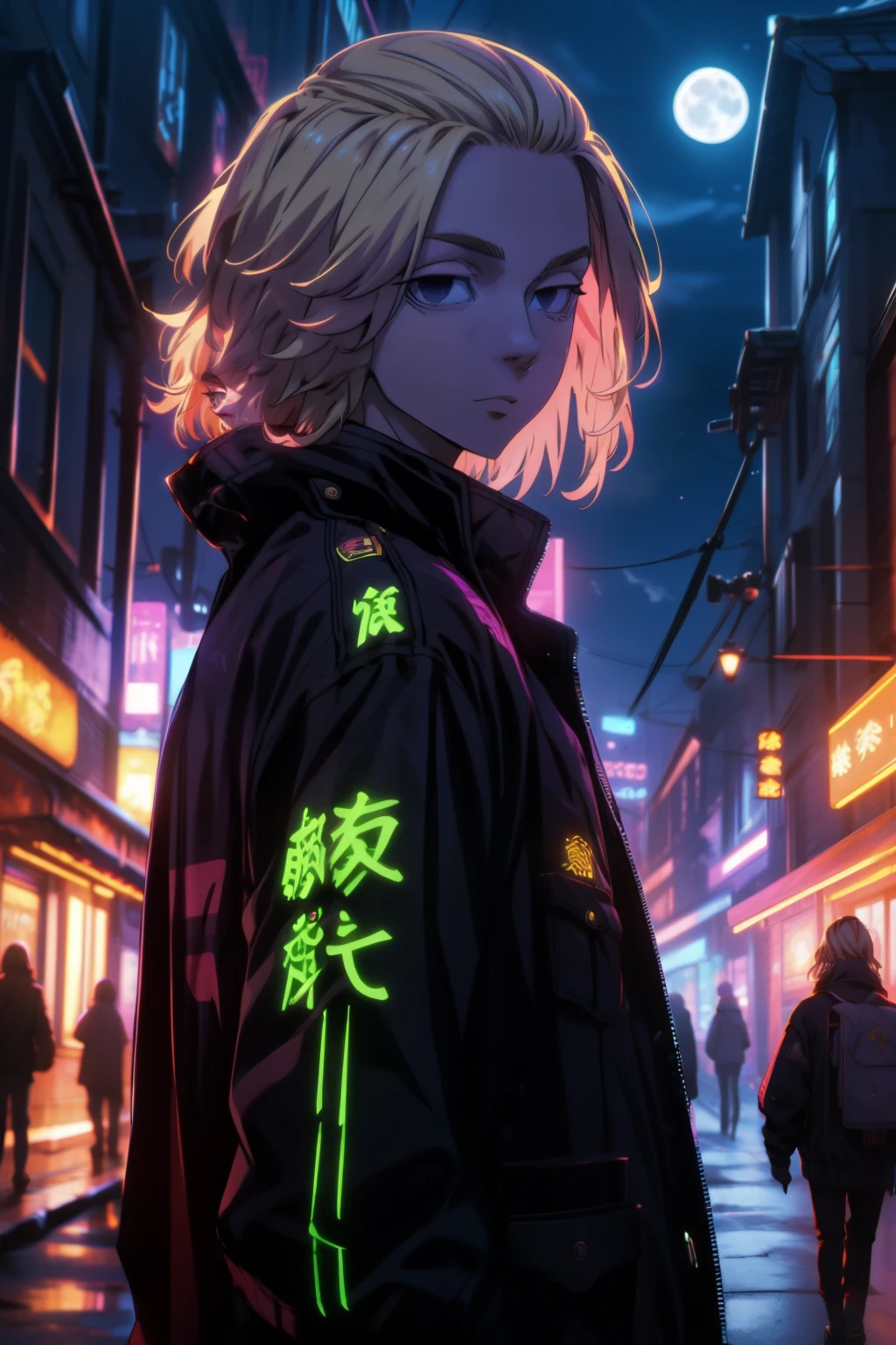 depth of field, sharp detail, best quality, looking at viewer, 1boy, solo, male focus, manjirou_sano, blonde hair, black eyes,purple jaket,neon jaket,old town,night time,moon rise ,Mikey