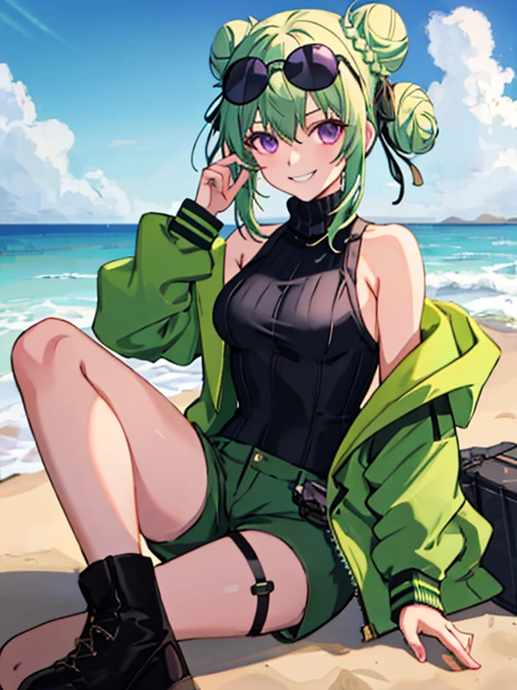 (ultra detailed), (best quality),1 girl, alone, medium hair, pastel green hair, twin buns, villain smile, violet eyes, round black sunglasses on head, beach, black sleeveless turtleneck top, green shorts, boots