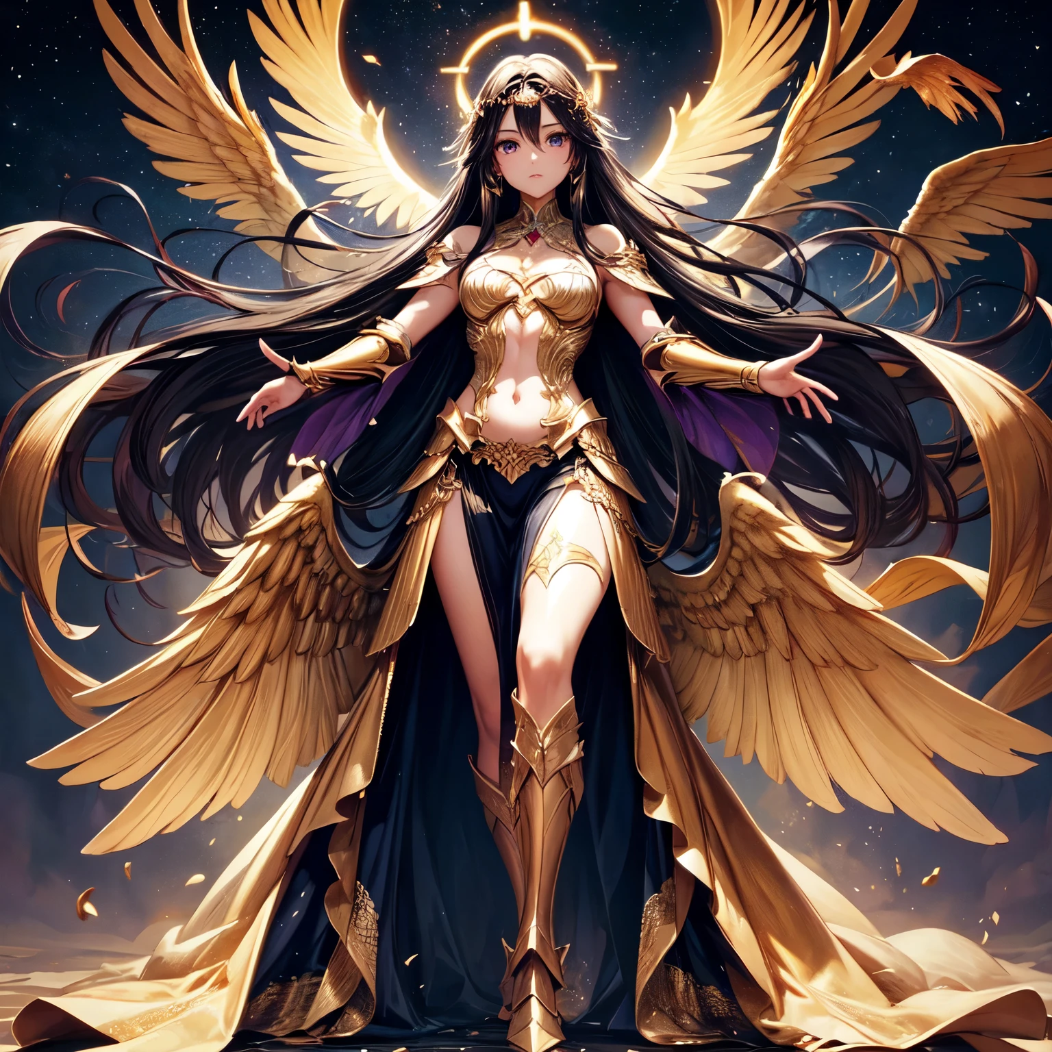 best quality, extremely beautiful, beautiful face, angel woman, two huges golden wing, revealing armor with open front skirt, very long dark hair
