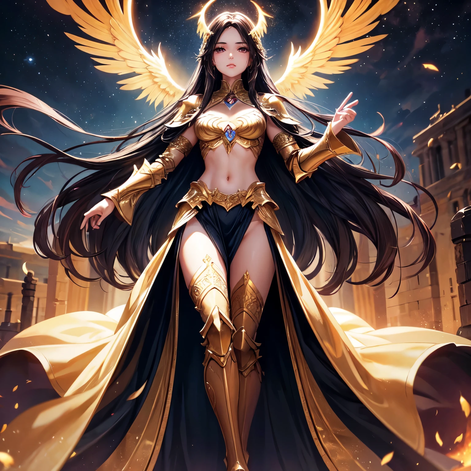 best quality, extremely beautiful, beautiful face, angel woman, two huges golden wing, revealing armor with open front skirt, very long dark hair
