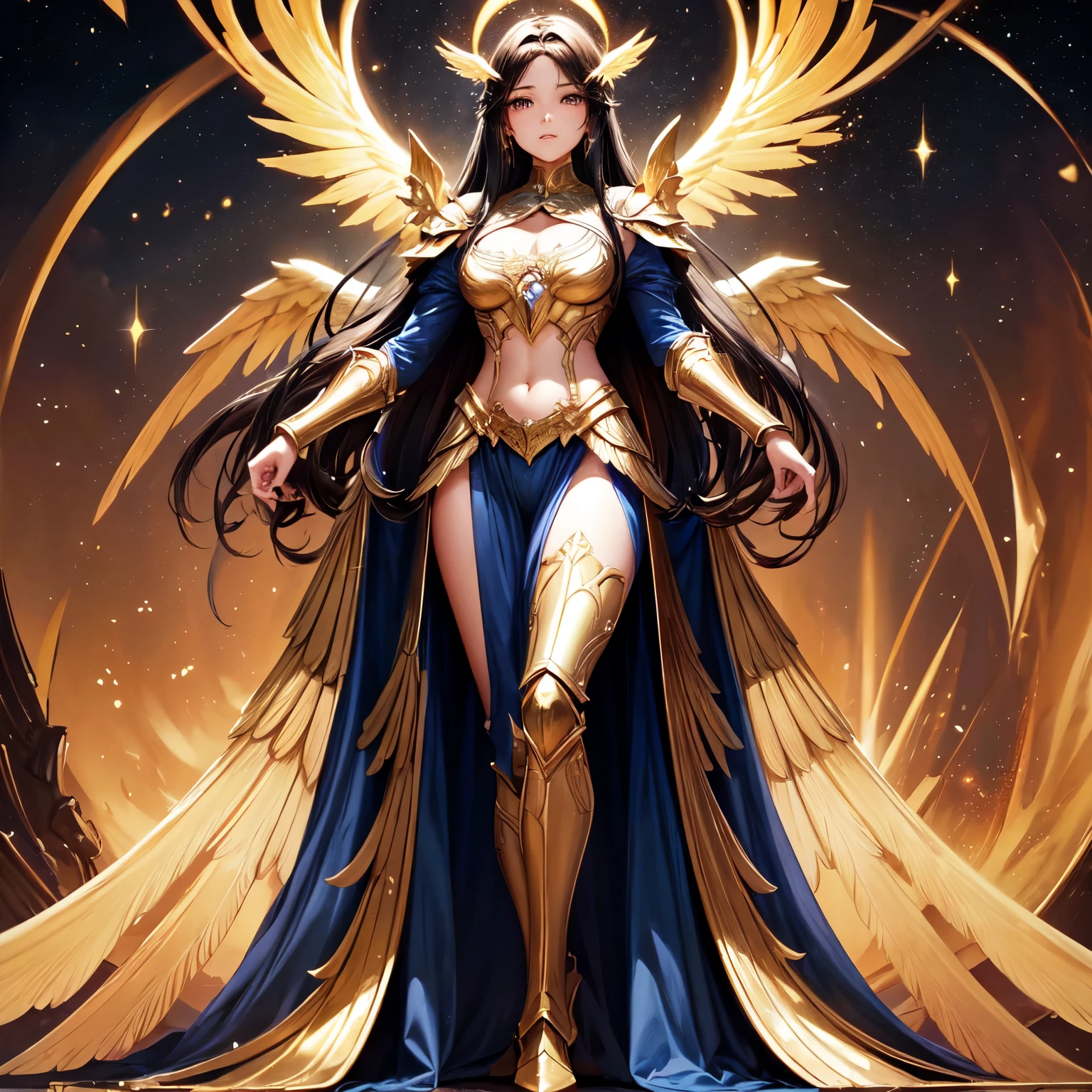 best quality, extremely beautiful, beautiful face, angel woman, four huges golden wing, revealing armor with open front skirt, very long dark hair
