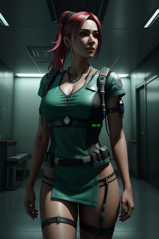 a sexy nurse, cyberpunk, indoor, hospital, green, hyperrealism, photorealistic, 8k, unreal engine, 3d render --ar 9:16 --niji 5 --style expressive --s 400