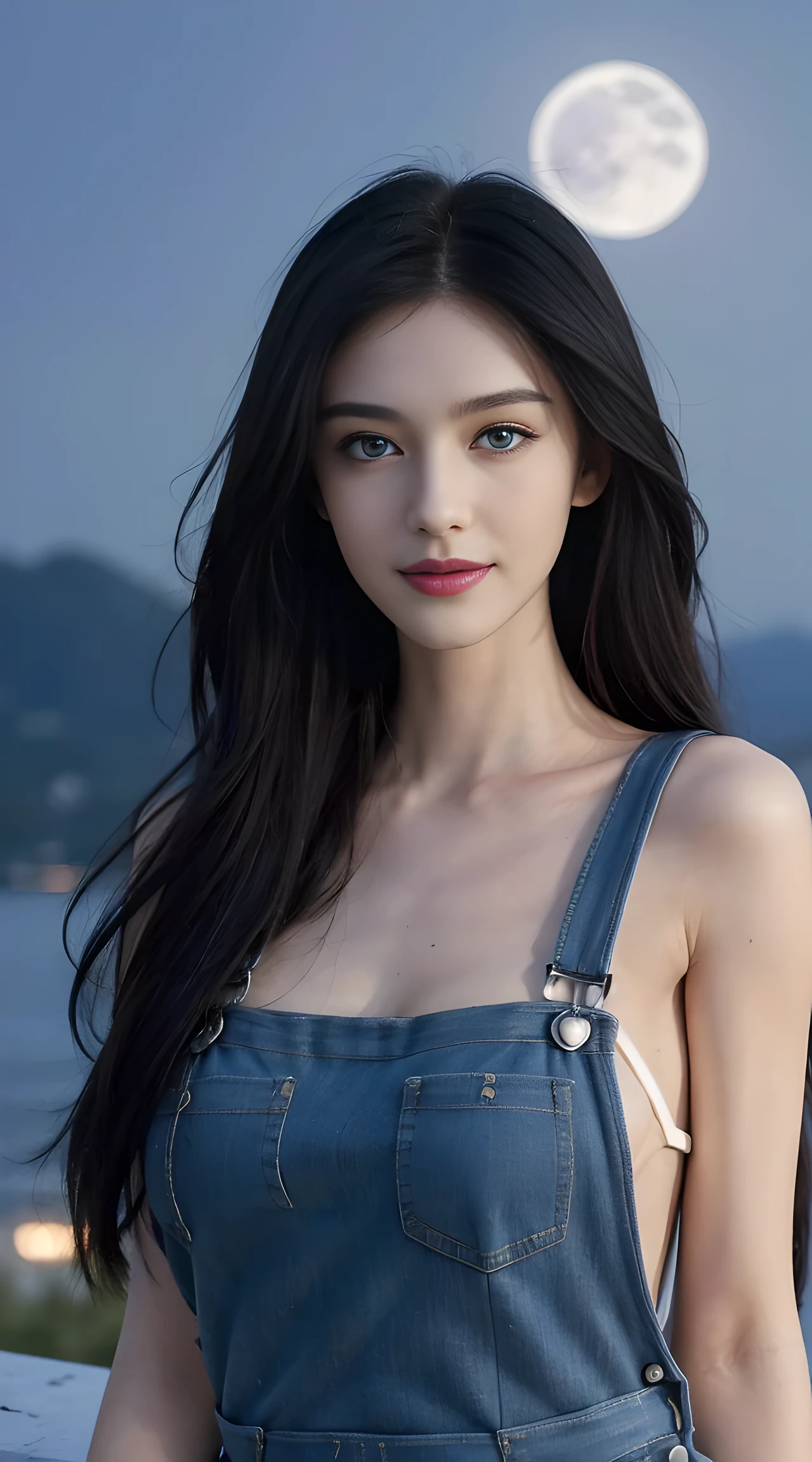 8K, Top Quality, Intricate Details, Ultra Detail, Ultra High Resolution, Masterpiece, random angle, Slender, Smile, (Makeup: 0.4), (Fluffy Blue Eyes: 1.21), blue Eyes, looking at viewer, ((full body)), 1girl, solo, 1 girl, (( full body)), close up shot, , ((tall)), (((fit body))), (((slim face))), sharp face, sharp eyes, (((black hair, long hair, )) , (detailed face), sharp face, small lips,
(( t)), ((Overalls)), detailed face, detailed breast, , large breast, detail ass, , Beautiful girl with accentuated slender abs: 1.4, Six Pack Abs: 1.4, Bust Botox, Big, Perfect Body, detail leg, (( moonlight)), top of mountain