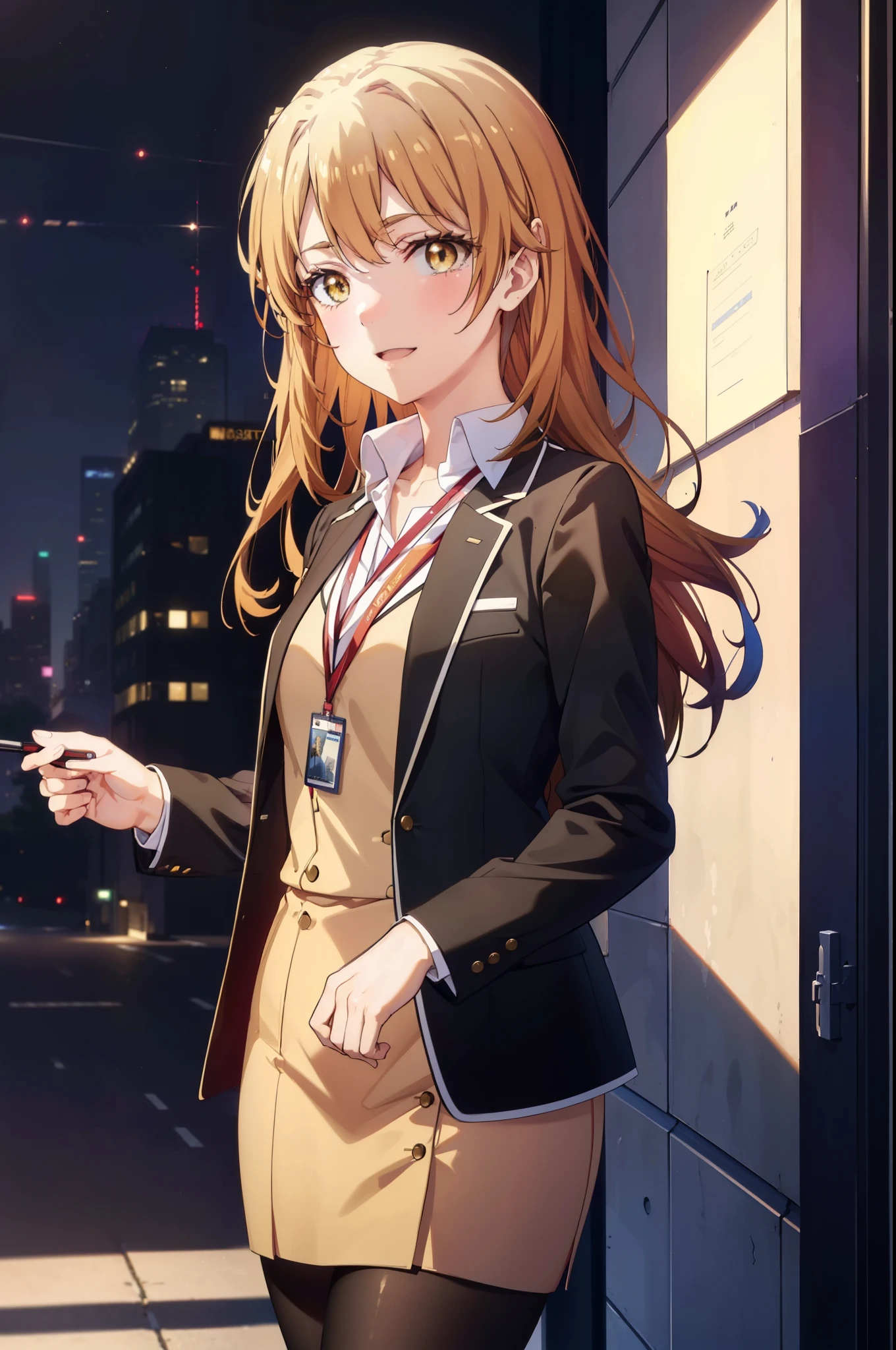 irohaisshiki, iroha isshiki, long hair, brown hair, (brown eyes:1.5),
OL, happy smile, smile, open your mouth,red glasses, end, black suit jacket, collared jacket, white dress shirt, collared shirt, neckline, button, strap, ID card on neck, black pencil skirt, black pantyhose,stiletto heels,morning,morning日,the sun is rising,So that the whole body goes into the illustration,
break outdoors, In town,building street,
break looking at viewer, (cowboy shot:1.5),
break (masterpiece:1.2), highest quality, High resolution, unity 8k wallpaper, (figure:0.8), (detailed and beautiful eyes:1.6), highly detailed face, perfect lighting, Very detailed CG, (perfect hands, perfect anatomy),