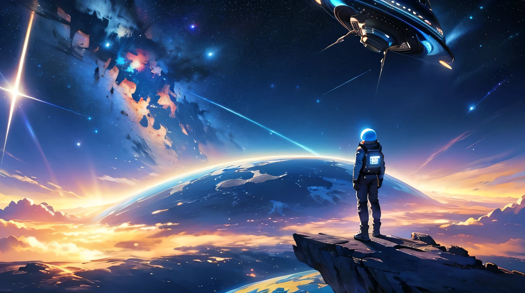 starry space, tonalidade azul, um planeta com anel, hd, 4k, rico em detalhes, um disco voador, ufo, planeta a direita, ufa a esquerda.