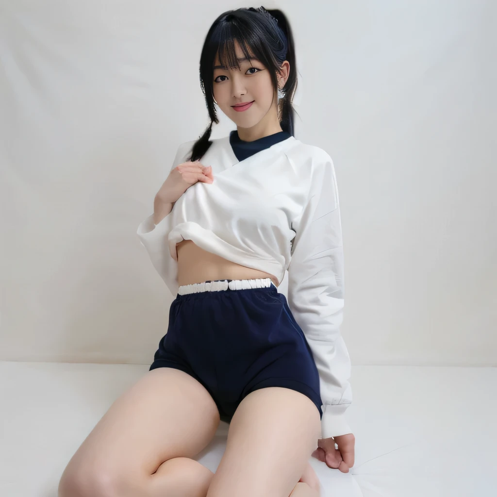 (white large plainＴshirt)),((Navy blue bloomers)) 、huge breasts、ponytail, japanese girl, 8K, ((full body shot))， highest quality, masterpiece, realistic, Photorealistic super detail, one girl, cute, best smile, beautiful eyes, long hair, perfect face,full body shot