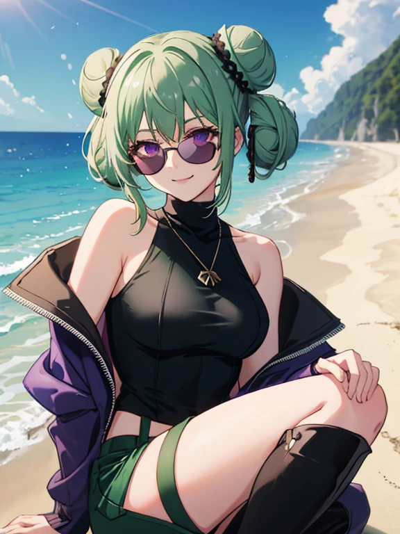 (ultra detailed), (best quality),1 girl, alone, medium hair, pastel green hair, twin buns, villain smile, violet eyes, round black sunglasses on head, beach, black sleeveless turtleneck top, green shorts, dark brown boots