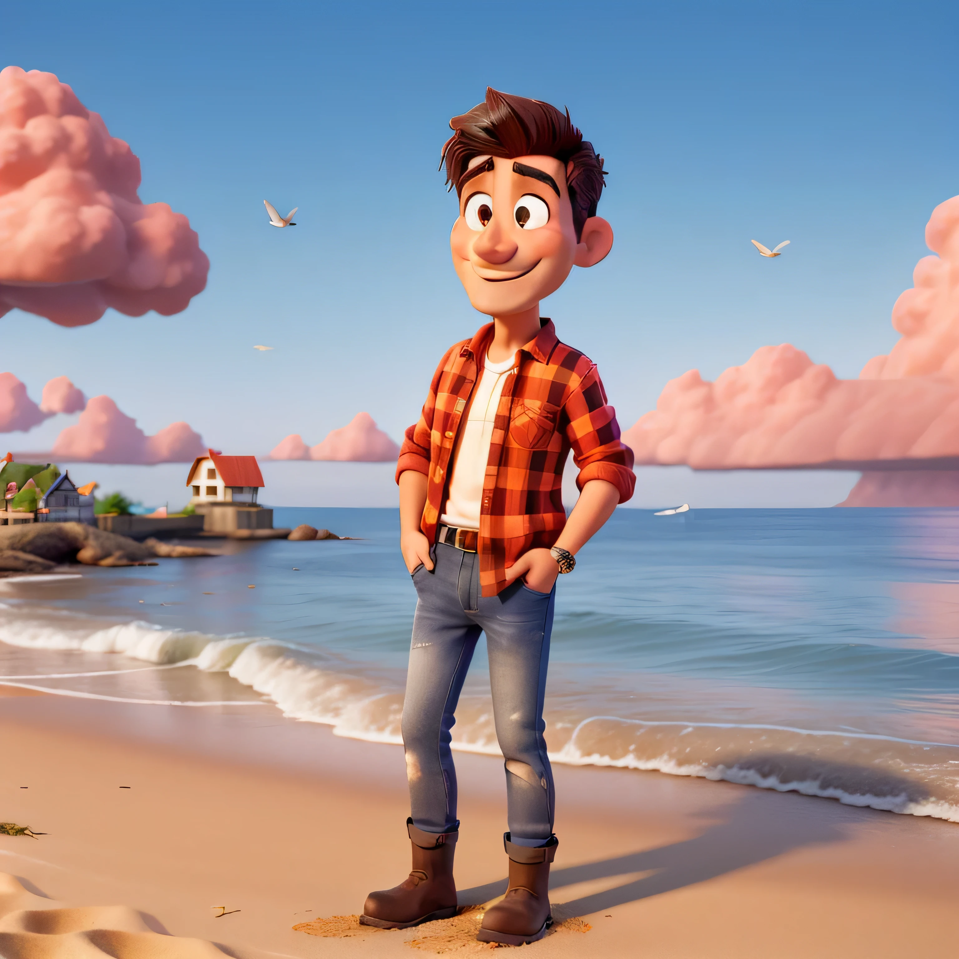 Description:
A cheerful 3D caricature man with very short hair, dressed in a cozy red flannel longshirt, jeans, and sturdy boots, stands on the beach. The sun sets in the distance, casting a warm glow on the sand and painting the sky with hues of pink and orange. Seagulls cry in the background as the man contemplates the tranquil ocean water. The sound of the gentle waves crashing against the shore can be heard, providing a calming ambiance. The man's eyes shine with joy and contentment as he reminisces about past memories, cherishing the simple pleasures of the beach.