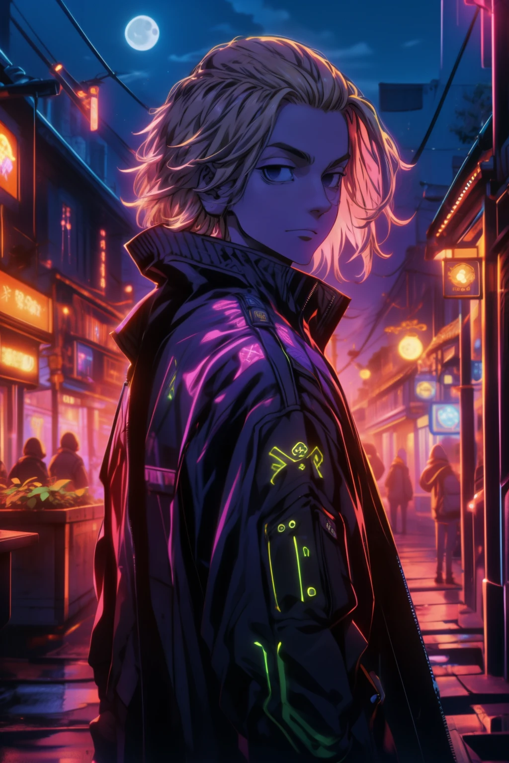 depth of field, sharp detail, best quality, looking at viewer, 1boy, solo, male focus, manjirou_sano, blonde hair, black eyes,purple jaket,neon jaket,glwo jaket,old town,night time,moon rise ,Mikey