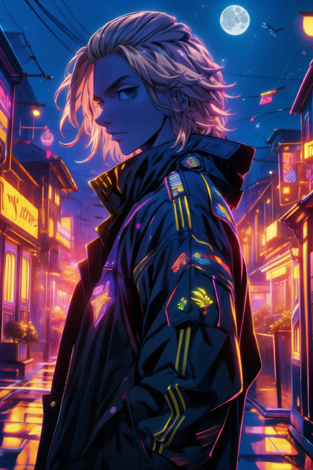 depth of field, sharp detail, best quality, looking at viewer, 1boy, solo, male focus, manjirou_sano, blonde hair, black eyes,purple jaket,neon jaket,glwo jaket,old town,night time,moon rise ,Mikey