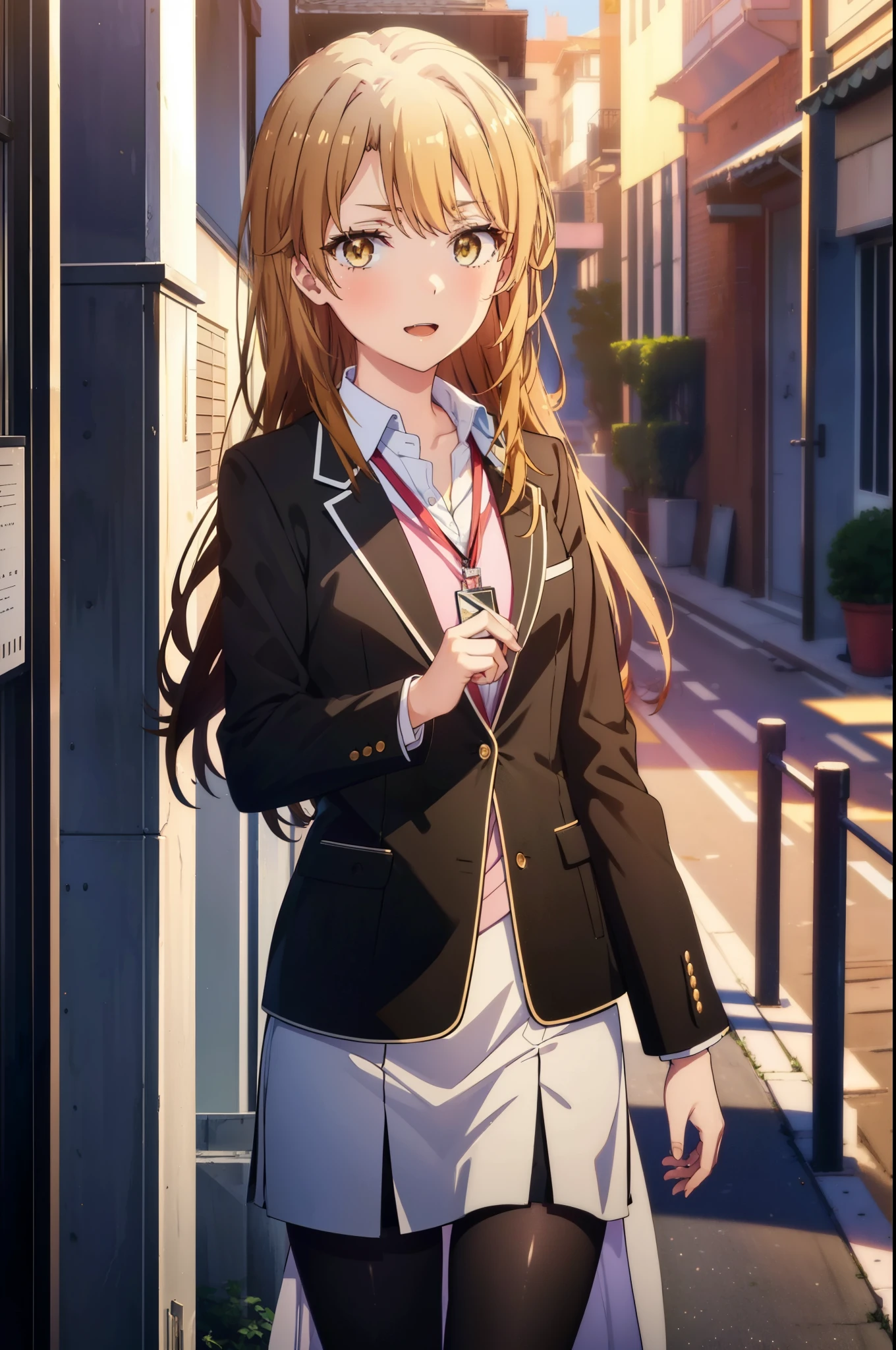 irohaisshiki, iroha isshiki, long hair, brown hair, (brown eyes:1.5),
OL, happy smile, smile, open your mouth,red glasses, end, black suit jacket, collared jacket, white dress shirt, collared shirt, neckline, button, strap, ID card on neck, black pencil skirt, black pantyhose,stiletto heels,morning,morning日,the sun is rising,So that the whole body goes into the illustration,
break outdoors, In town,building street,
break looking at viewer, (cowboy shot:1.5),
break (masterpiece:1.2), highest quality, High resolution, unity 8k wallpaper, (figure:0.8), (detailed and beautiful eyes:1.6), highly detailed face, perfect lighting, Very detailed CG, (perfect hands, perfect anatomy),