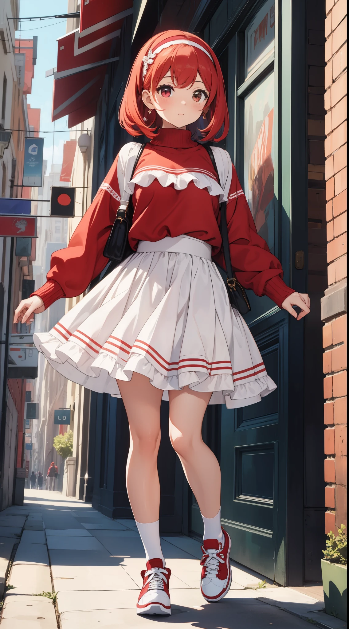 masterpiece, best quality, genny, hairband, red sweater, frilly white skirt, sneakers, standing, looking at viewer
