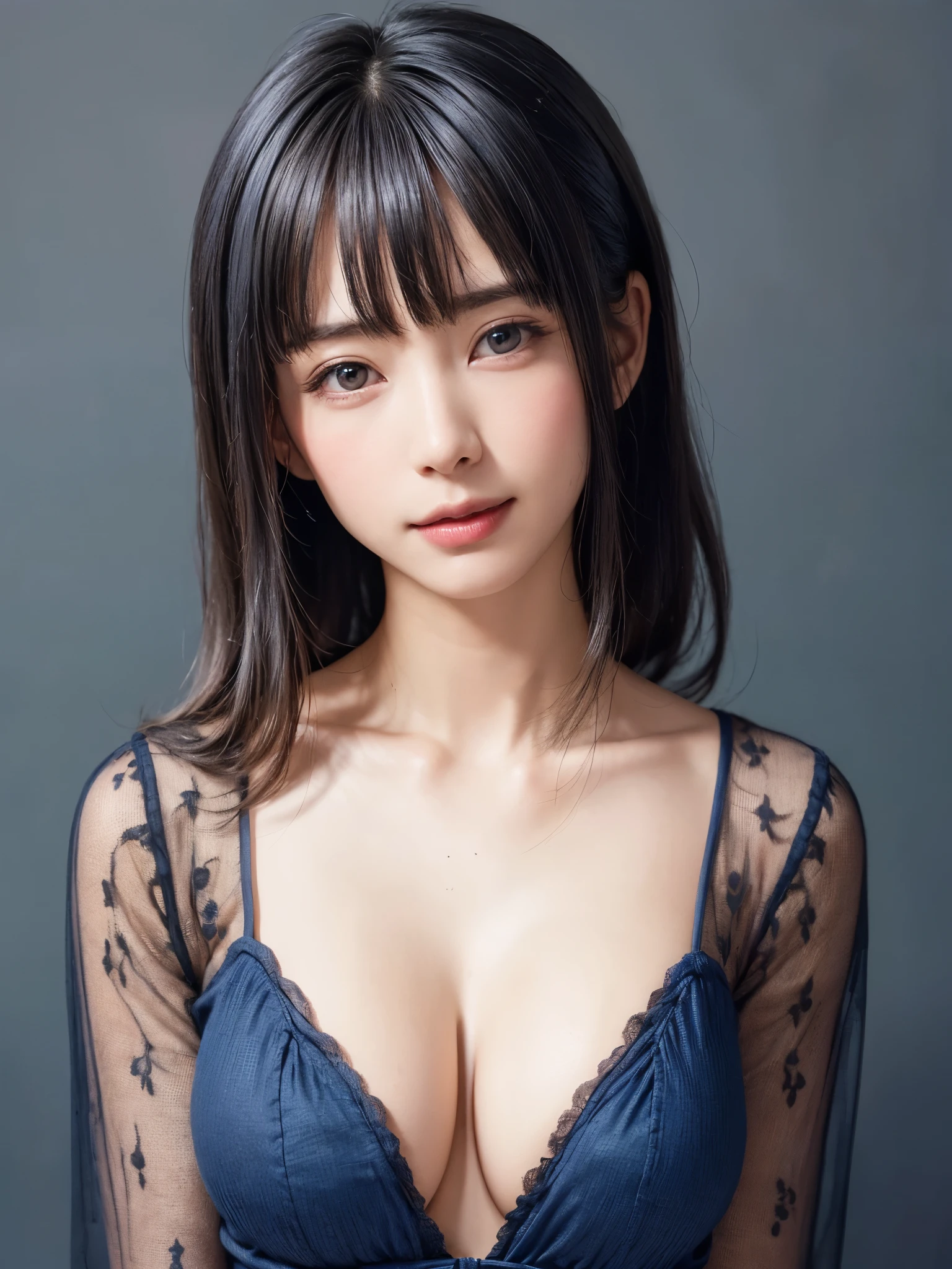 (masterpiece, highest quality),1 girl, alone, scarf, have, realistic, realistic, looking at the viewer, light colored black eyes, Brunette short bob hair with highly detailed shiny hair, Winter clothes, Whity, lips, bangs, outdoor, closed mouth, Upper body、Big eyes、eyelash、((There'There'There'There'There'There'There'、very simple dark blue background:1.8))、(((bangsのあるショートヘア、Big eyes、big and full chest、look at the audience、beautiful beauty、show me your ears、long neck、smile、please close your mouth and smile)))、ideal body proportions、{Huge|big|Hugeな|mega} chest, cleavage、幸せなsmile