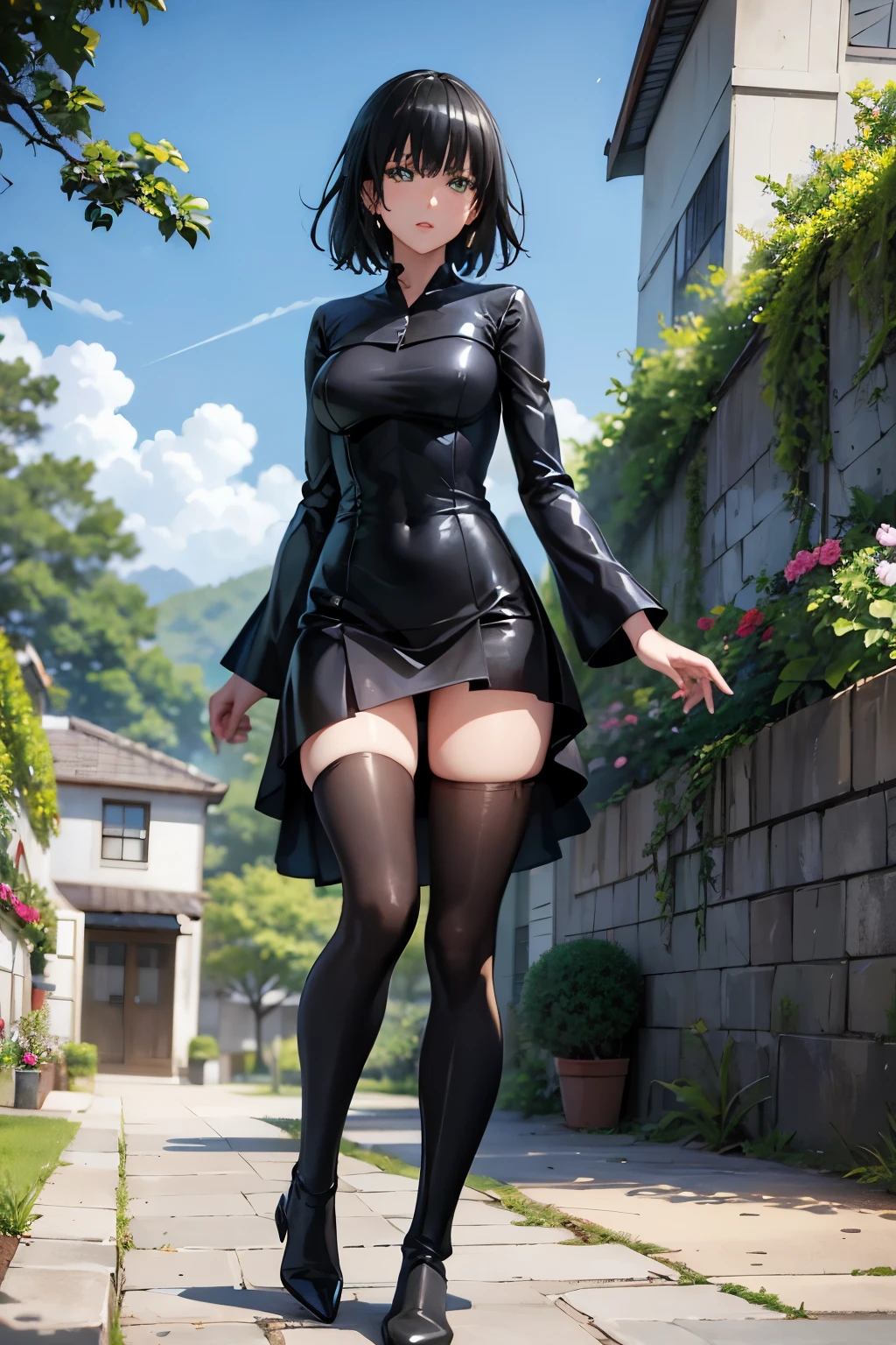 Fubuki, sexy dress,pantyhose、Photo from below、garden、medium chest、thigh high boots、show panties