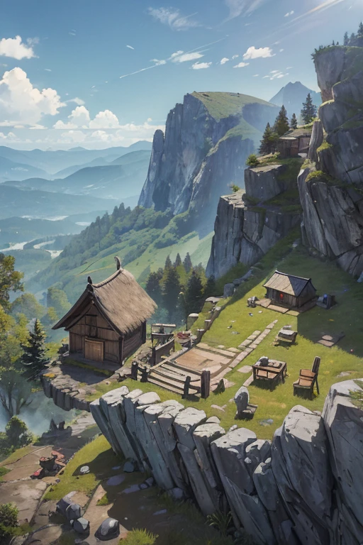 Slavic smithy up on the mountain, thatched roof, smithy on a rocky cliff, anvil, forging tools, heap of coal in a wooden box