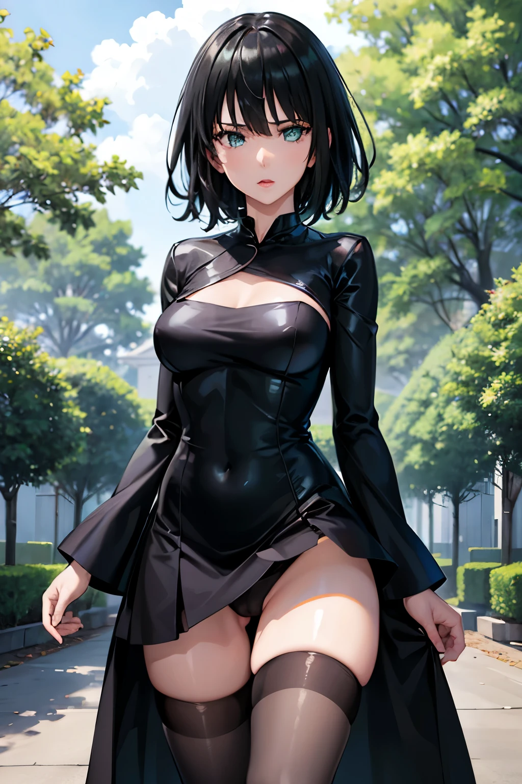 Fubuki, sexy dress,pantyhose、Photo from below、garden、medium chest、thigh high boots、show panties