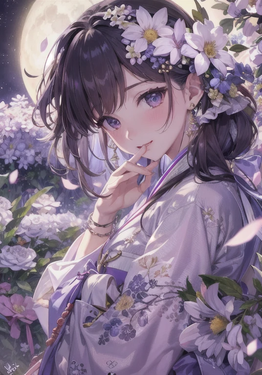 highest quality, expensive_solve, clear_image, detailed background ,girl, Hanbok,flower,garden,moon, night,
