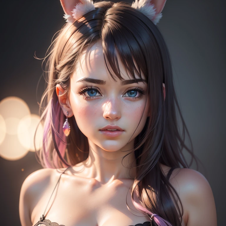 (best quality,4k,8k,highres,masterpiece:1.2),ultra-detailed,(realistic,photorealistic,photo-realistic:1.37), HDR, UHD, studio lighting, ultra-fine painting, sharp focus, physically-based rendering, extreme detail description, professional, vivid colors, bokeh, portraits, bunny ears, black hair, pink eyes, pink dress, pastel colors, soft lighting