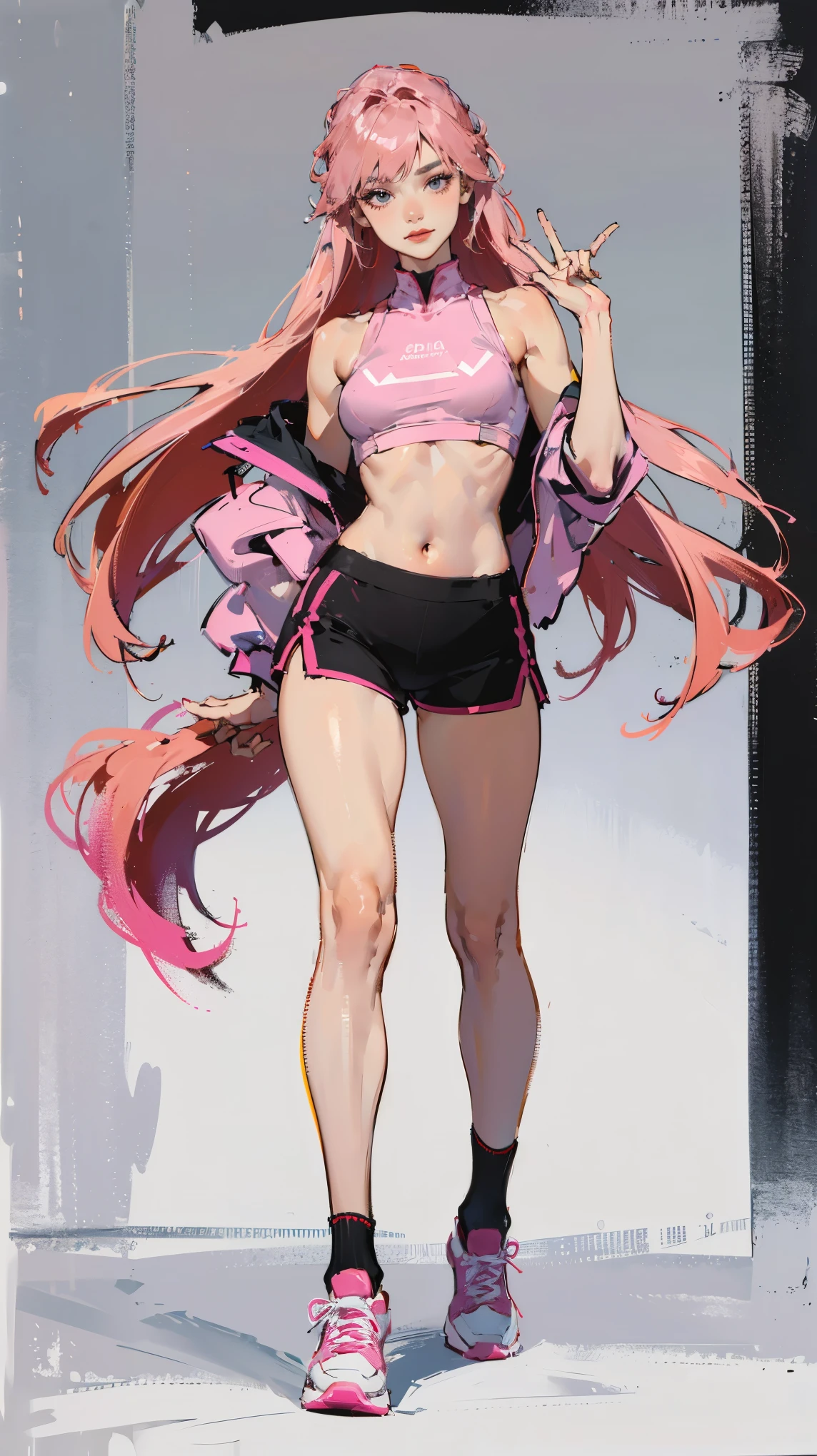 ((best quality,4k,highres,masterpiece:1.2)),((character concept art)), 1 female, 19-year-old Asian girl, Instagram model, online influencer, ((long pink hair)), makeup, perfect body build, small shoulder tattoo, dance instructor, ((intricate detail)), super finely detailed hands, ultra finely detailed fingers(((ten fingers))), wearing dance-inspired fashion style clothing, crop top, high-waist dance shorts, knee-length dance socks, dance sneakers, sports bra, (standing in a dance studio), (full body showcase), (show full body), (no logos on background), (no logo), ((plain background)), ((plain background)), (((empty background)))